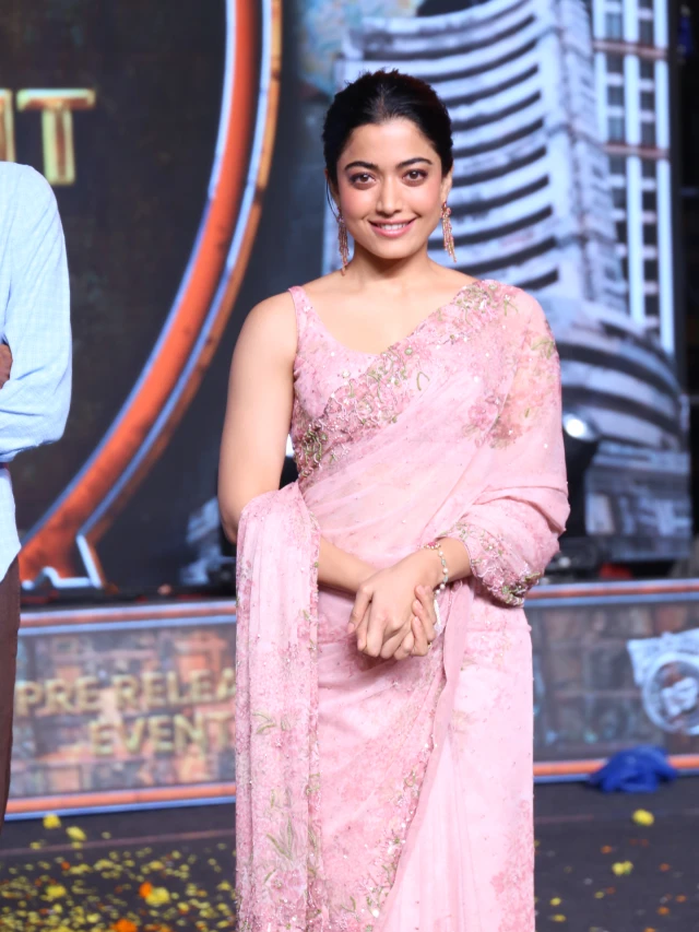 Rashmika Mandanna Cute Photos in Saree from Kuberaa Pre Release Event
