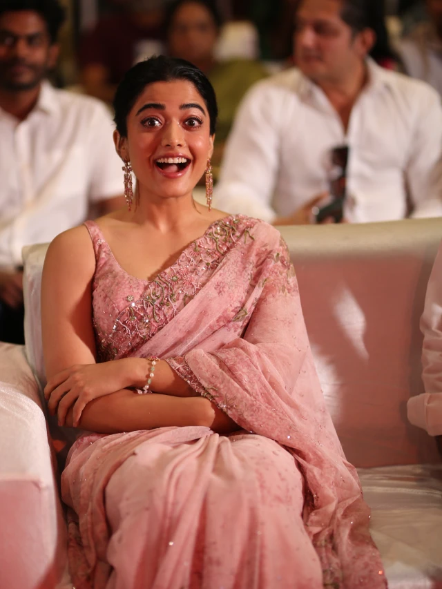 Rashmika Mandanna Cute Photos in Saree from Kuberaa Pre Release Event