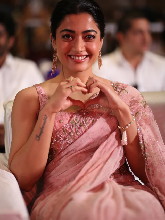Rashmika Mandanna Cute Photos in Saree from Kuberaa Pre Release Event