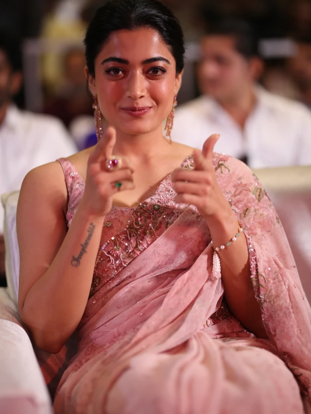 Rashmika Mandanna Cute Photos in Saree from Kuberaa Pre Release Event