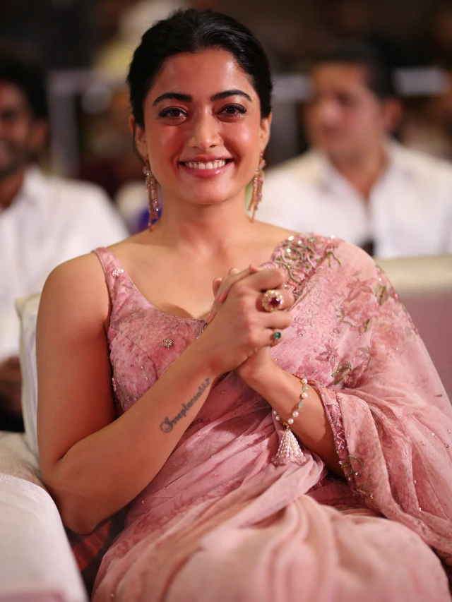 Rashmika Mandanna Cute Photos in Saree from Kuberaa Pre Release Event