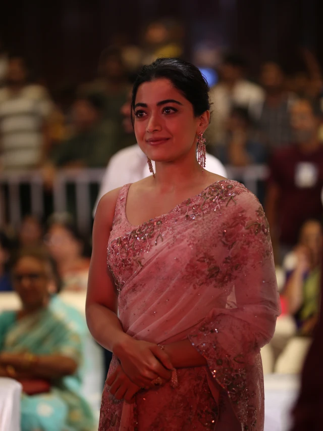 Rashmika Mandanna Cute Photos in Saree from Kuberaa Pre Release Event