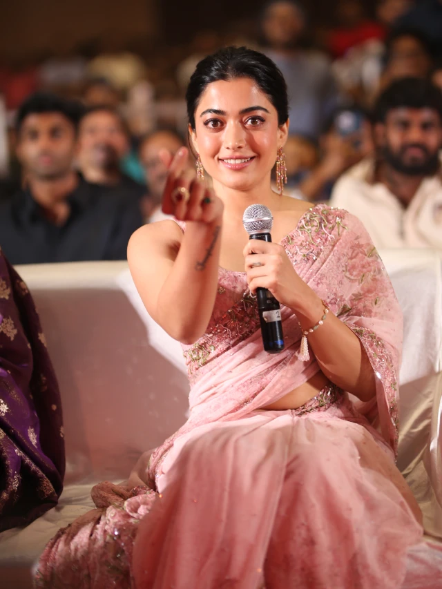 Rashmika Mandanna Cute Photos in Saree from Kuberaa Pre Release Event