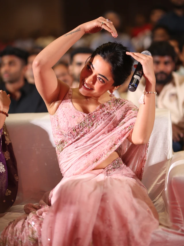 Rashmika Mandanna Cute Photos in Saree from Kuberaa Pre Release Event