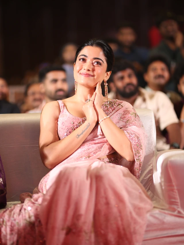 Rashmika Mandanna Cute Photos in Saree from Kuberaa Pre Release Event