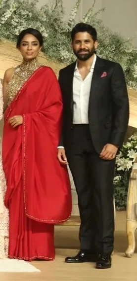 Sobhita Dhulipala Shines in Red Saree at Akkineni Akhil Wedding Reception