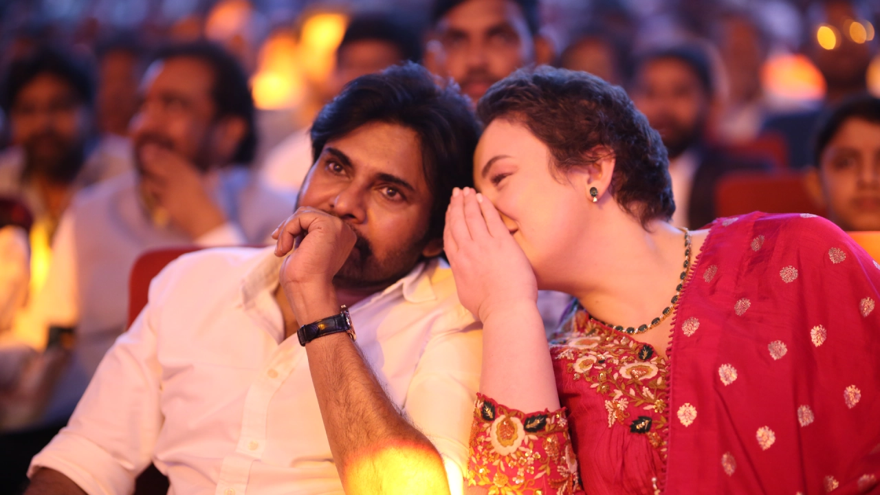 Pawan Kalyan With his Wife Anna Lezhneva in Hari Hara Veeramallu Pre Release event