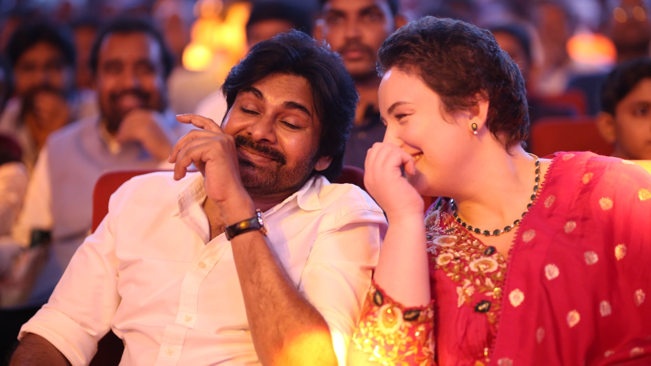 Pawan Kalyan With his Wife Anna Lezhneva in Hari Hara Veeramallu Pre Release event