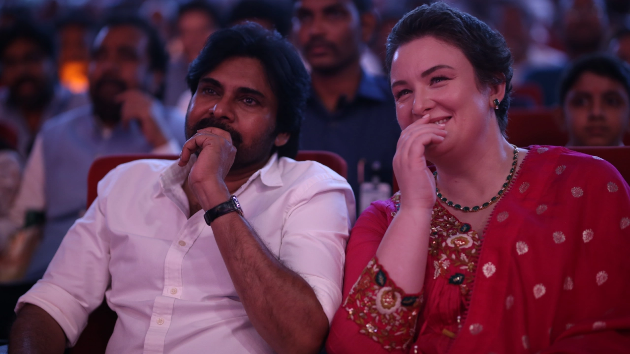 Pawan Kalyan With his Wife Anna Lezhneva in Hari Hara Veeramallu Pre Release event