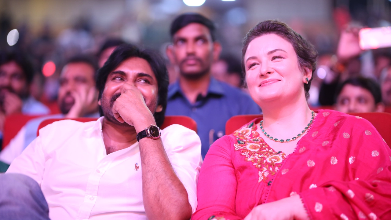 Pawan Kalyan With his Wife Anna Lezhneva in Hari Hara Veeramallu Pre Release event