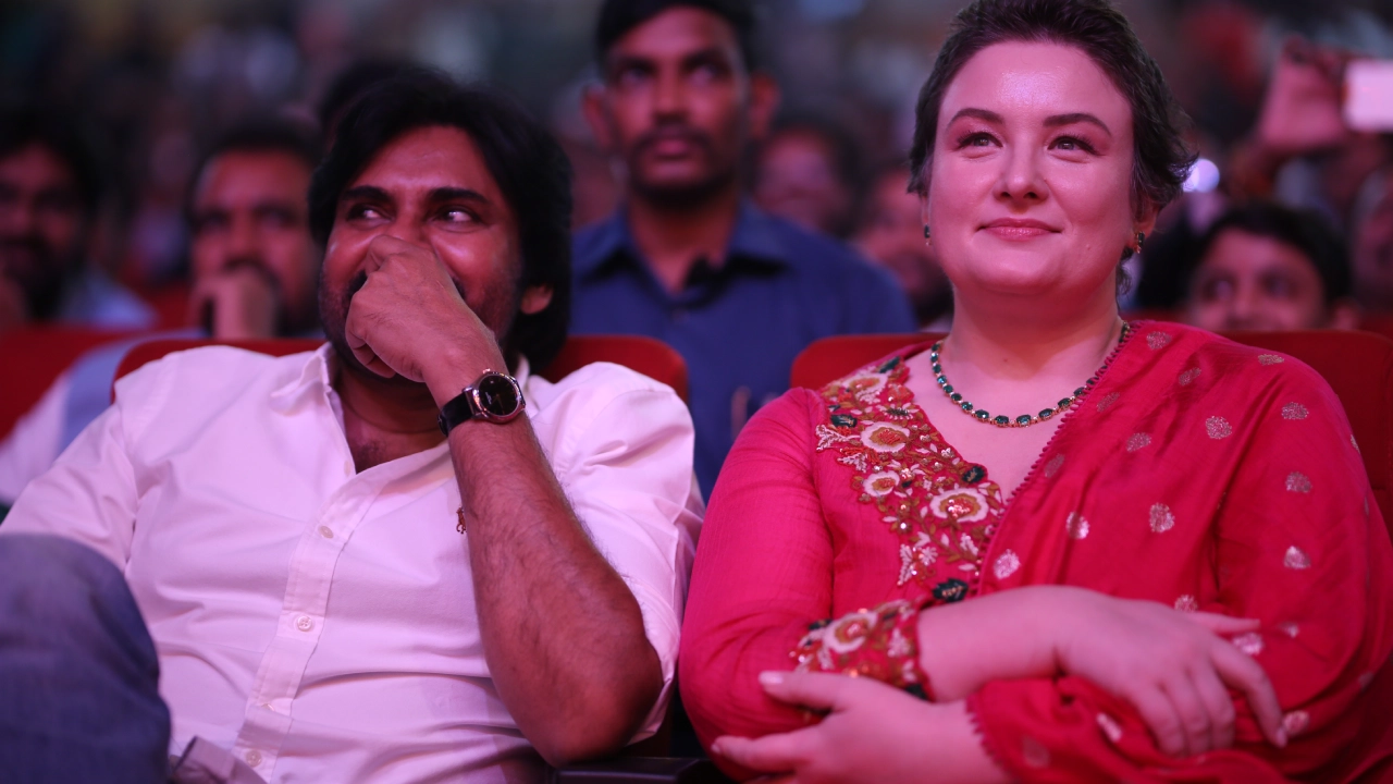 Pawan Kalyan With his Wife Anna Lezhneva in Hari Hara Veeramallu Pre Release event