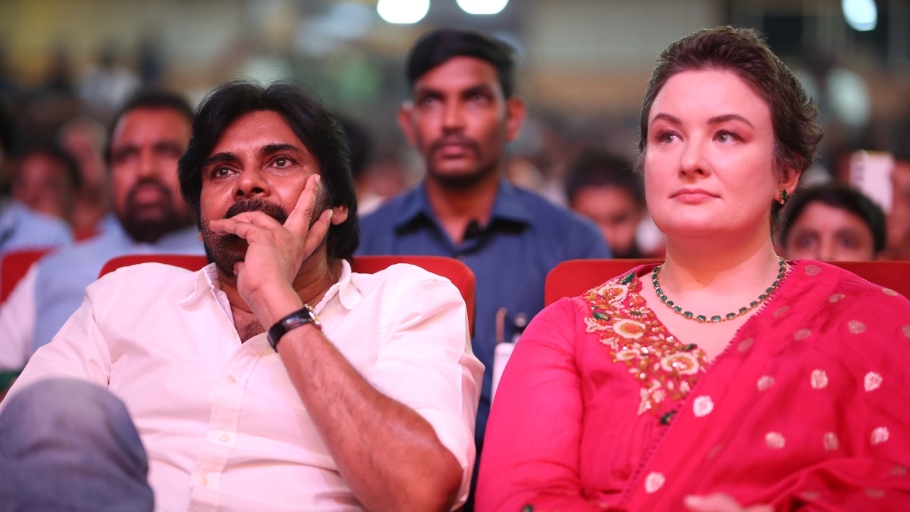 Pawan Kalyan With his Wife Anna Lezhneva in Hari Hara Veeramallu Pre Release event