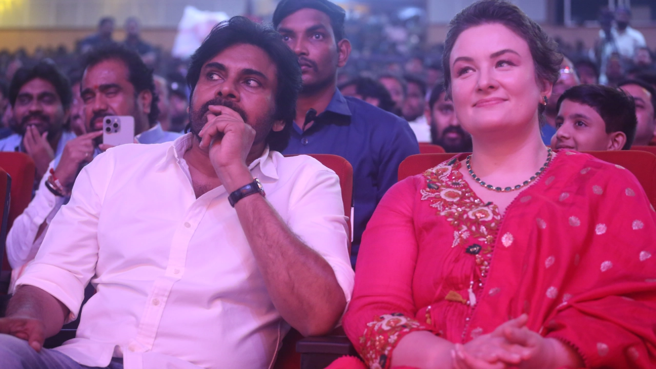 Pawan Kalyan With his Wife Anna Lezhneva in Hari Hara Veeramallu Pre Release event