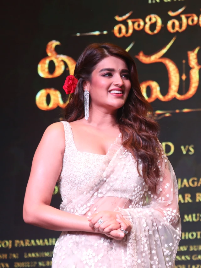 Nidhhi Agerwal Shines in Saree at Hari Hara VeeraMallu Press Meet