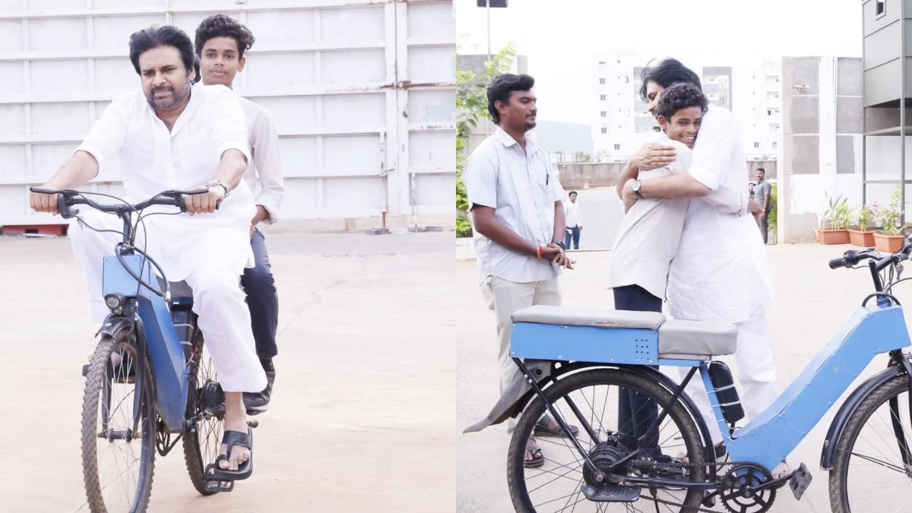 Pawan Kalyan : బ్యాటరీ సైకిల్ తొక్కిన పవన్.. ఆ అబ్బాయిని సైకిల్ వెనక కూర్చోపెట్టుకొని.. ఫొటోలు వైరల్..