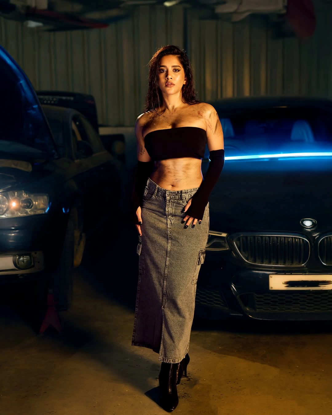 Nabha Natesh Looks like a Beauty Mechanic in Car Shed