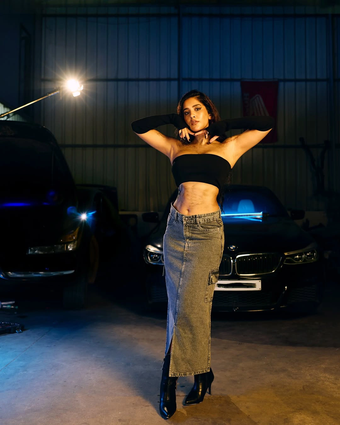 Nabha Natesh Looks like a Beauty Mechanic in Car Shed