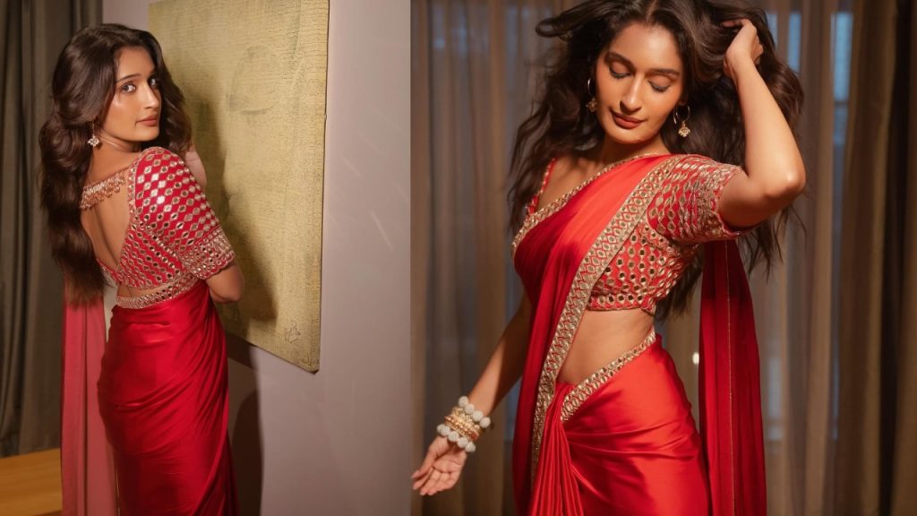 Niharika Nm Shines in Red Saree at Mithra Mandali Movie Promotions