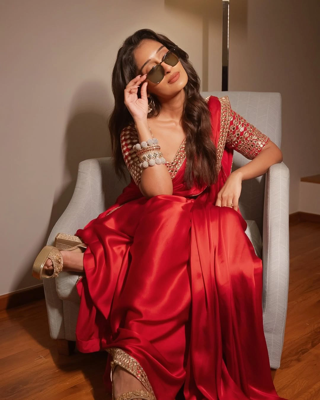 Niharika Nm Shines in Red Saree at Mithra Mandali Movie Promotions