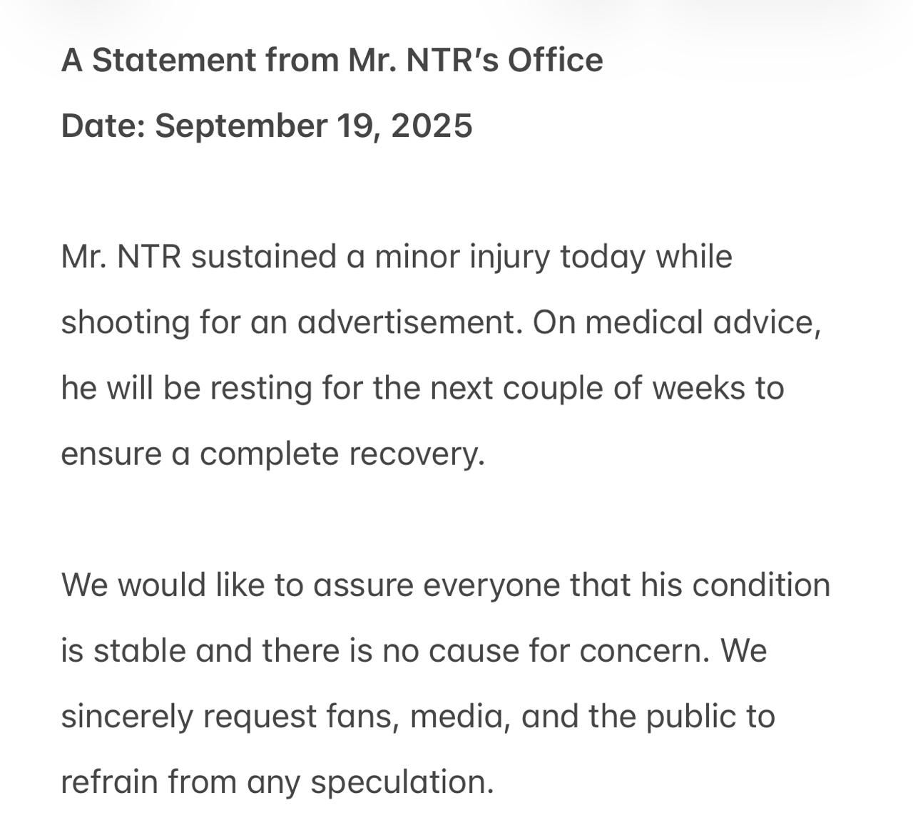 Ntr accedent Press note