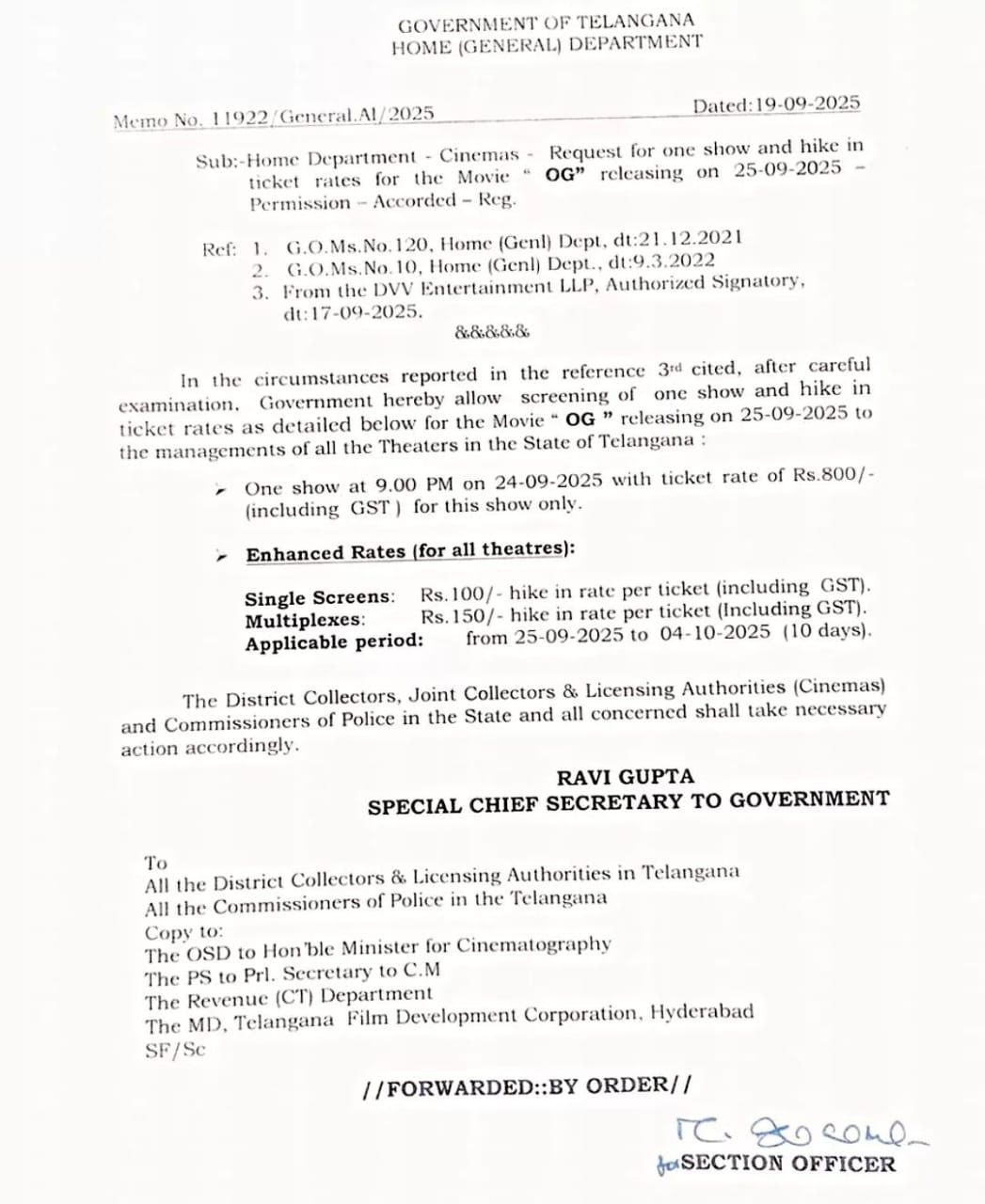 OG ticket prices increased in Telangana