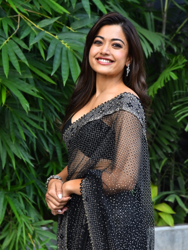 Rashmika Mandanna Shines in Black Saree at Thamma Telugu Trailer Launch Event
