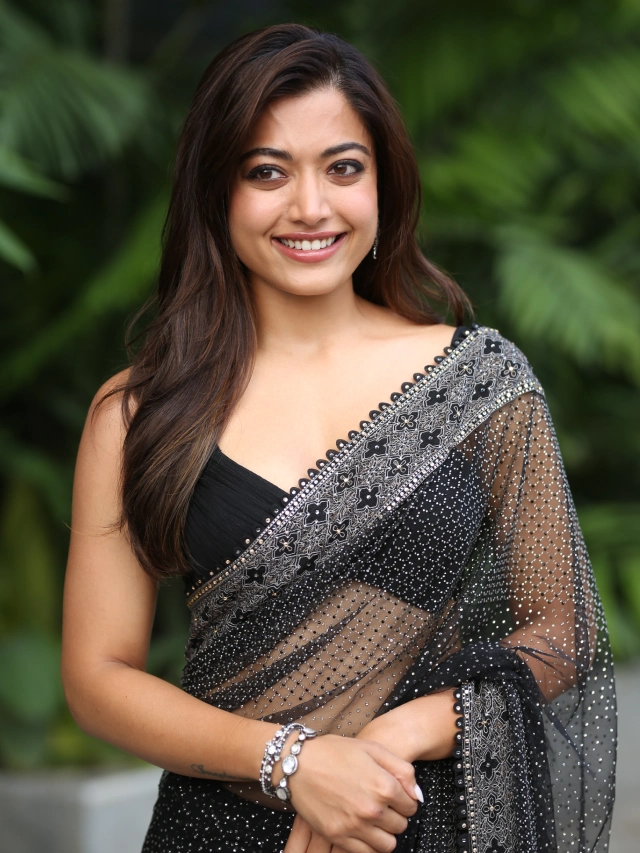 Rashmika Mandanna Shines in Black Saree at Thamma Telugu Trailer Launch Event
