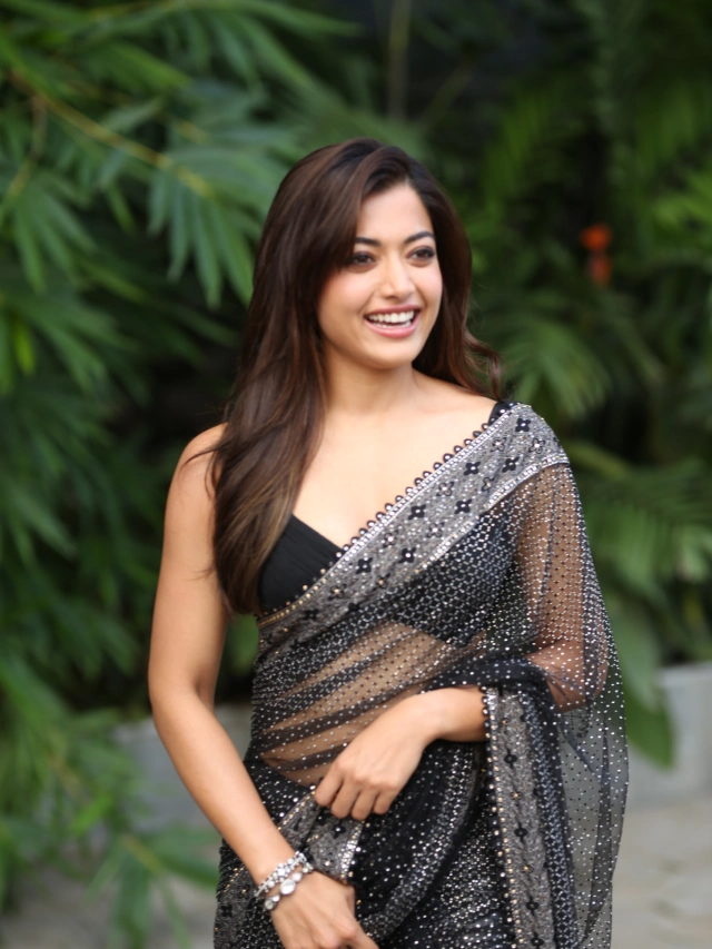 Rashmika Mandanna Shines in Black Saree at Thamma Telugu Trailer Launch Event