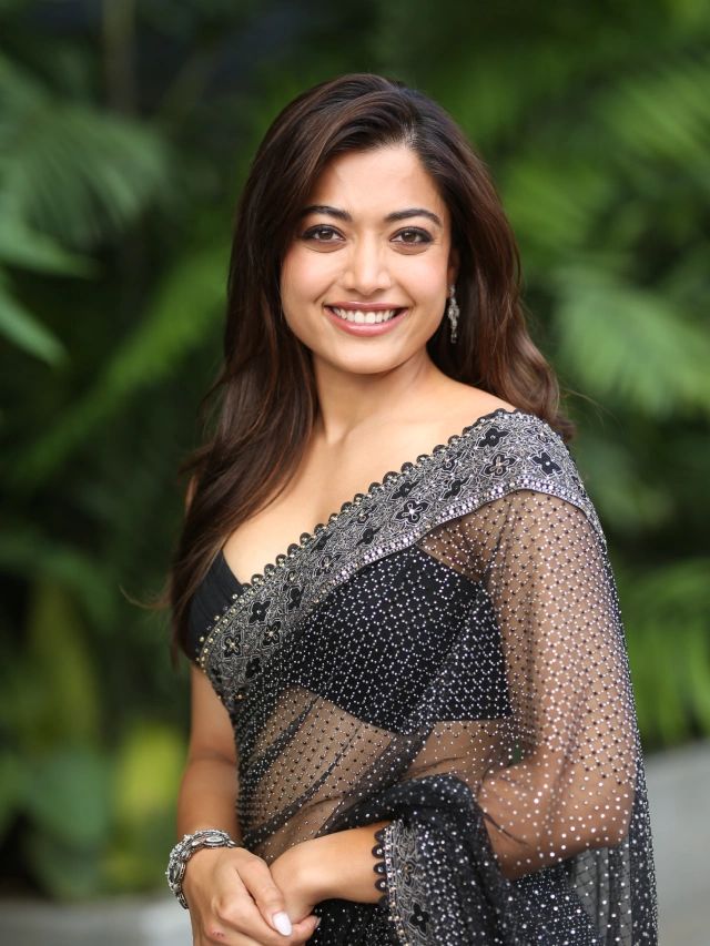 Rashmika Mandanna Shines in Black Saree at Thamma Telugu Trailer Launch Event