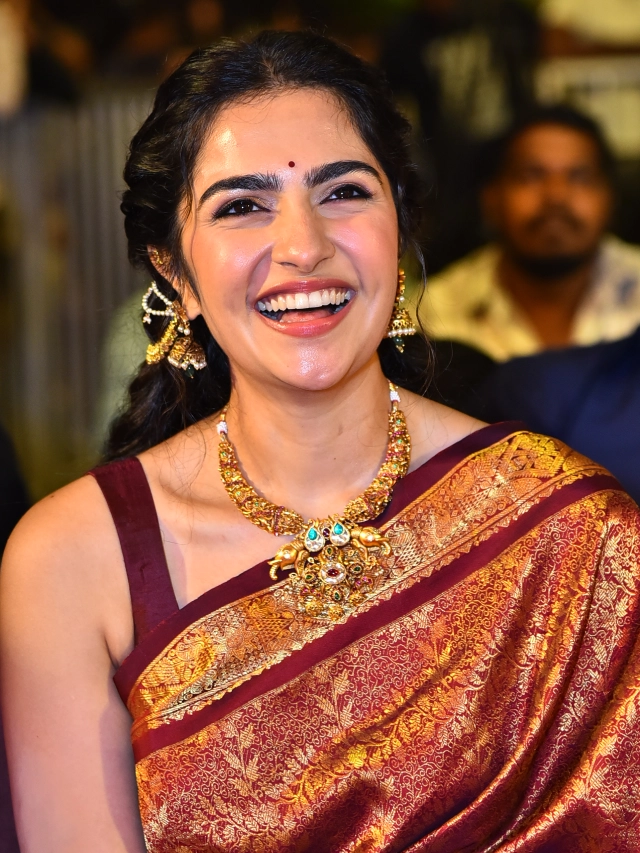 Rukmini Vasanth Cute Saree Photos from Kantara Chapter 1 Pre Release Event