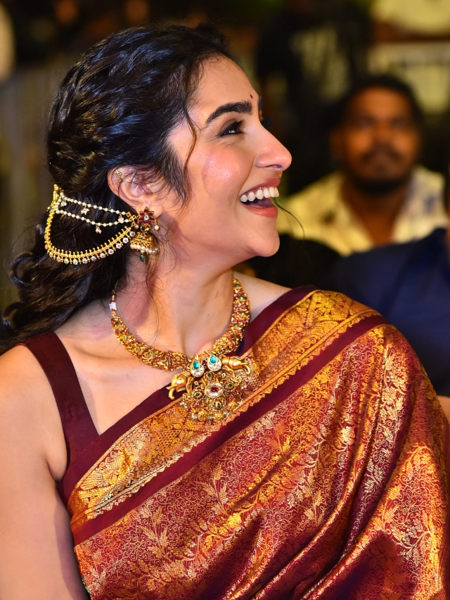Rukmini Vasanth Cute Saree Photos from Kantara Chapter 1 Pre Release Event