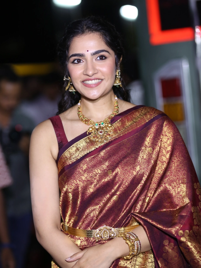 Rukmini Vasanth Cute Saree Photos from Kantara Chapter 1 Pre Release Event