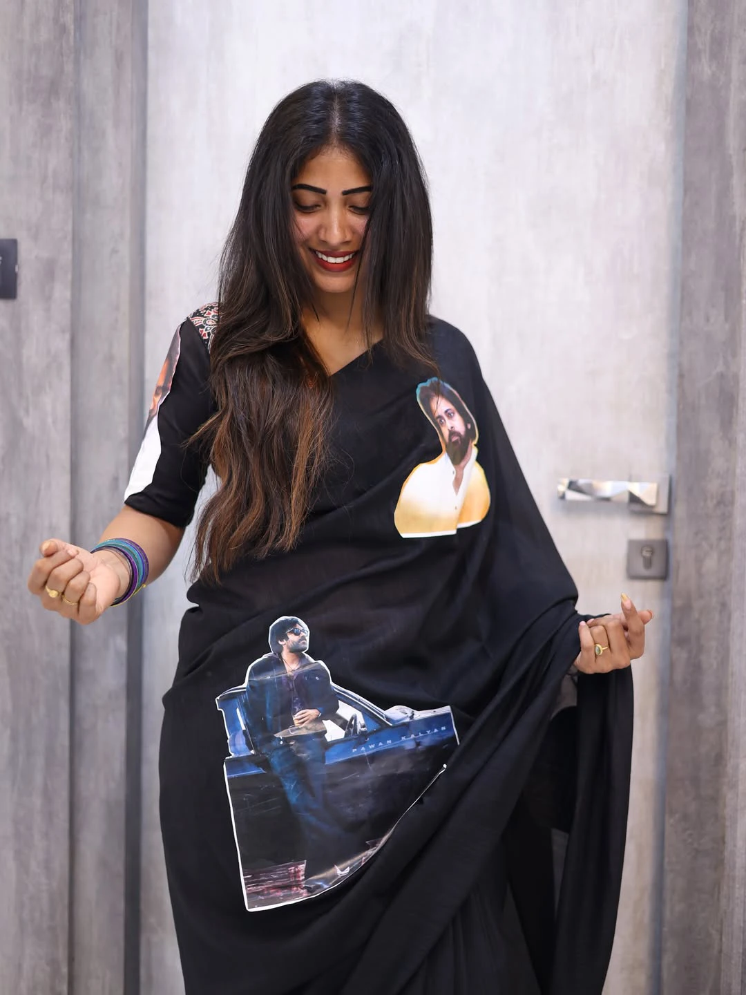 Sahar krishnan Wears Special Pawan Kalyan Photos Saree
