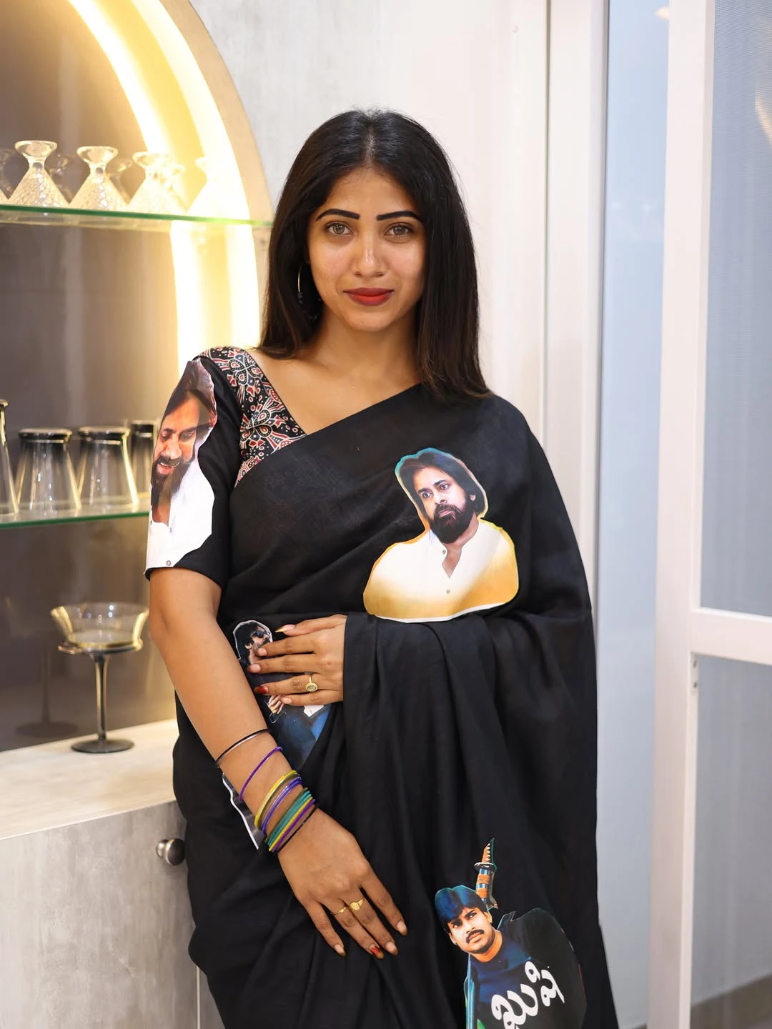 Sahar krishnan Wears Special Pawan Kalyan Photos Saree