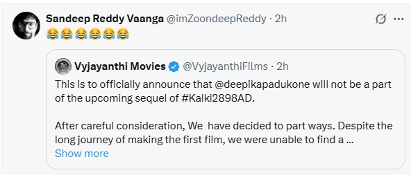 Sandeep Reddy Vanga reacts to Deepika's removal from Kalki 2 tweet