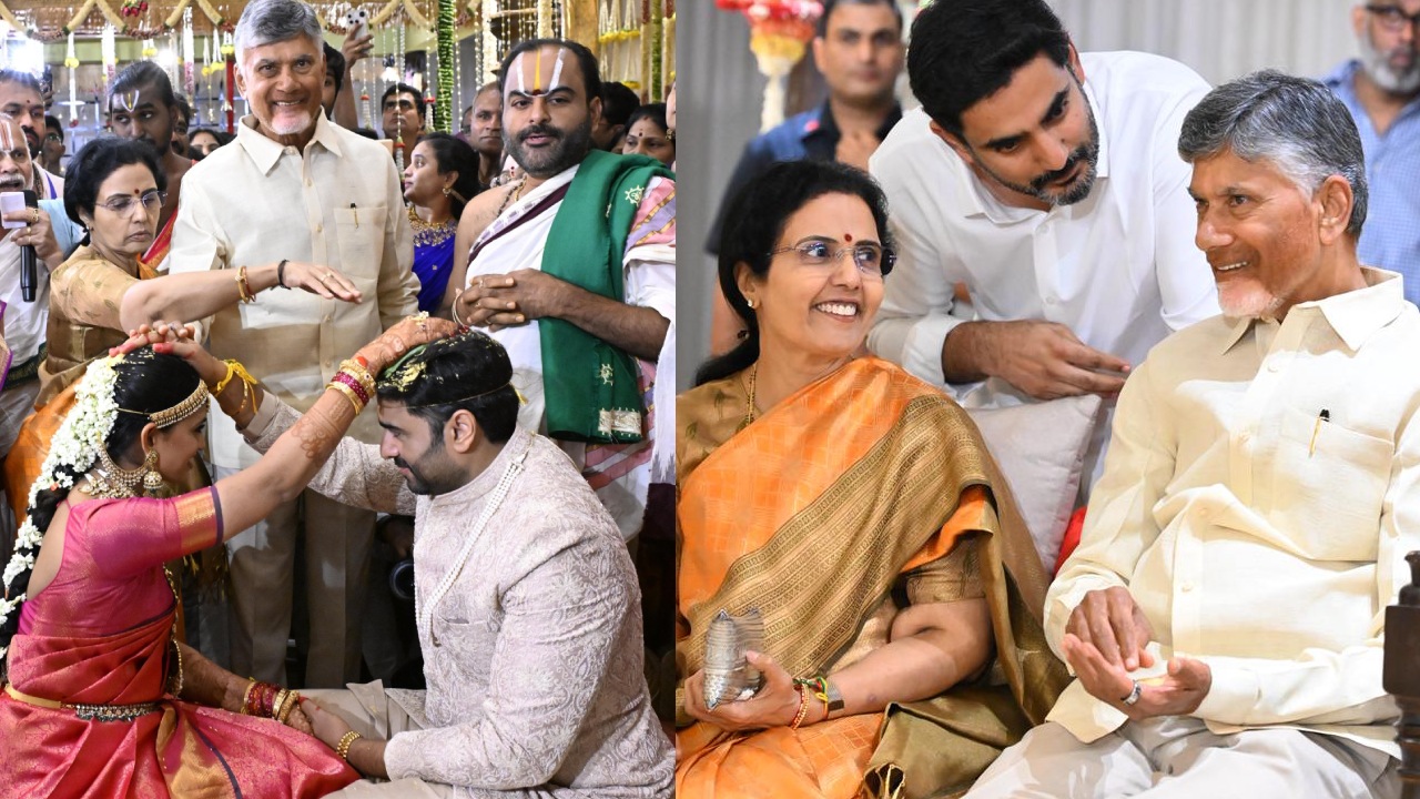 Nara Rohith Marriage : కొడుకు నారా రోహిత్ పెళ్ళిలో.. ఫ్యామిలీతో కలిసి సందడి చేసిన సీఎం చంద్రబాబు.. ఫోటోలు వైరల్..