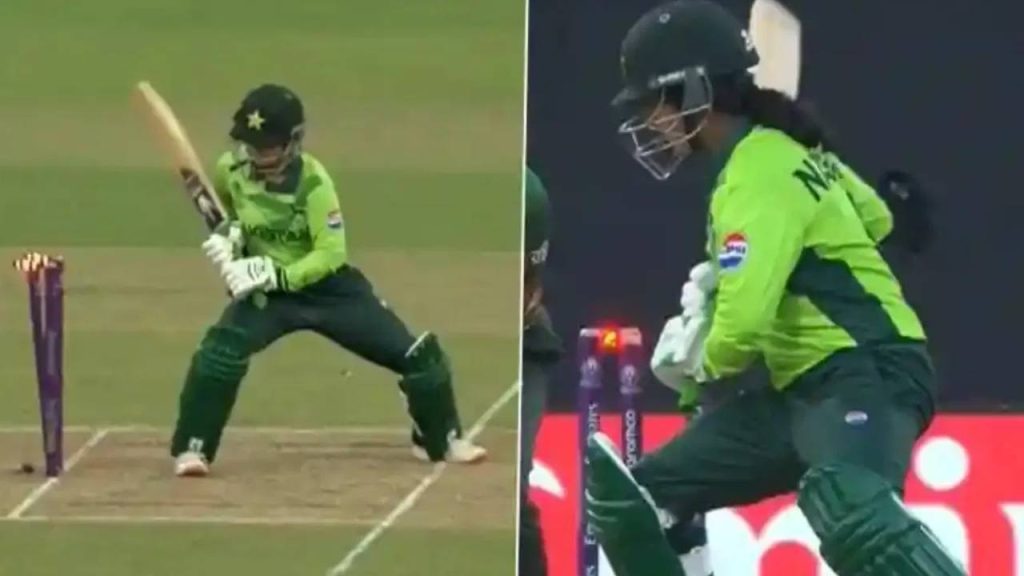 CWC25 Nashra Sandhu hit wicket dismissal video viral