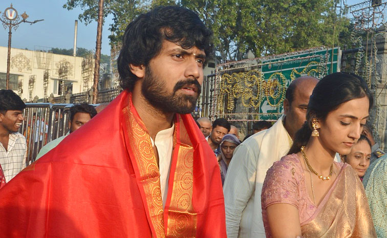 New couple Narne Nithin and Lakshmi Shivani visited Tirumala temple