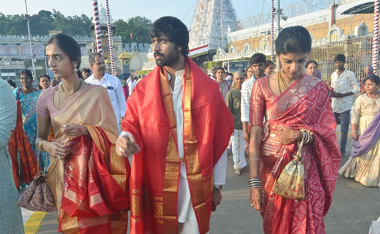 New couple Narne Nithin and Lakshmi Shivani visited Tirumala temple