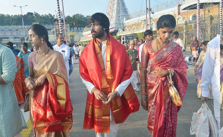 New couple Narne Nithin and Lakshmi Shivani visited Tirumala temple