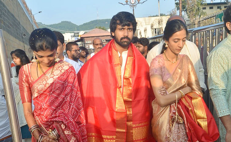 New couple Narne Nithin and Lakshmi Shivani visited Tirumala temple