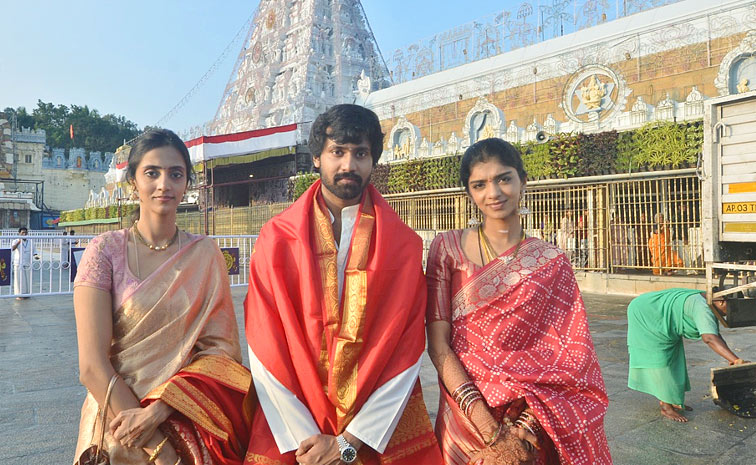 New couple Narne Nithin and Lakshmi Shivani visited Tirumala temple