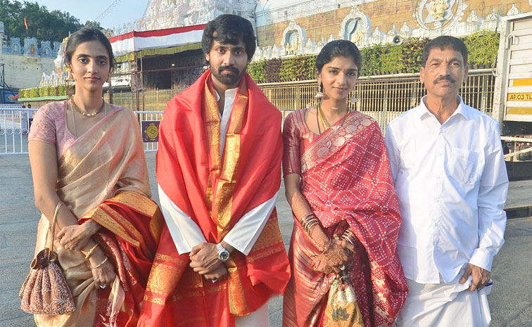 New couple Narne Nithin and Lakshmi Shivani visited Tirumala temple