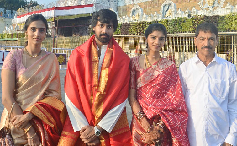 New couple Narne Nithin and Lakshmi Shivani visited Tirumala temple