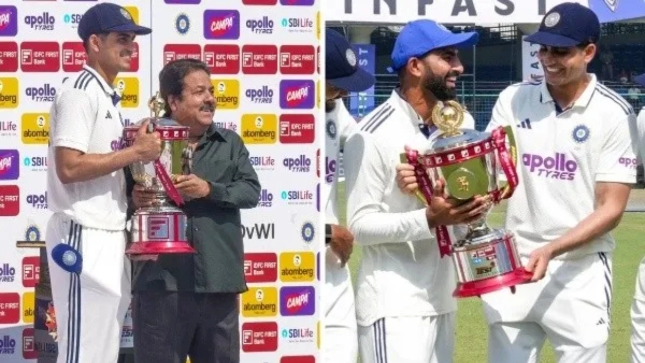 Shubman and Narayan Jagadeesan with Ind Vs WI Test Series Trophy