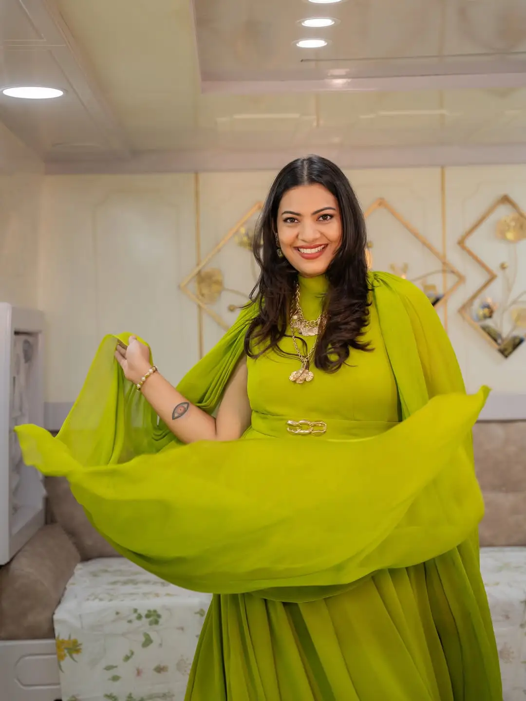 Singer Geetha Madhuri's photos in a green dress are going viral on social media.