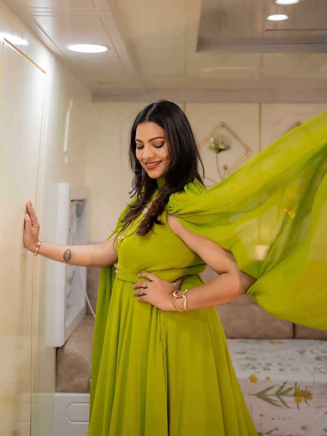 Singer Geetha Madhuri's photos in a green dress are going viral on social media.