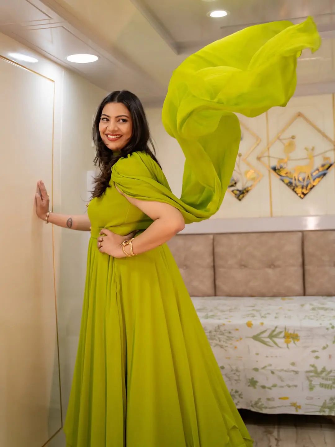 Singer Geetha Madhuri's photos in a green dress are going viral on social media.