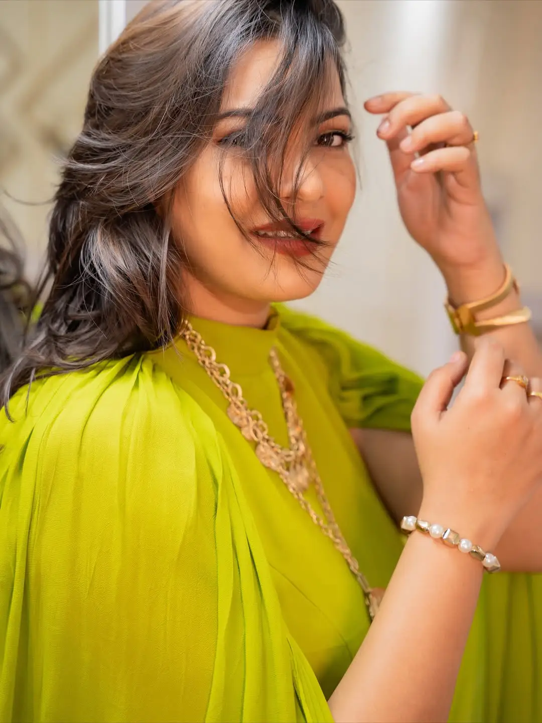 Singer Geetha Madhuri's photos in a green dress are going viral on social media.