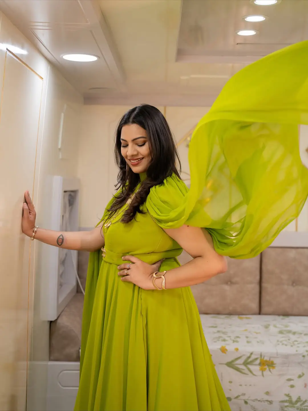 Singer Geetha Madhuri's photos in a green dress are going viral on social media.
